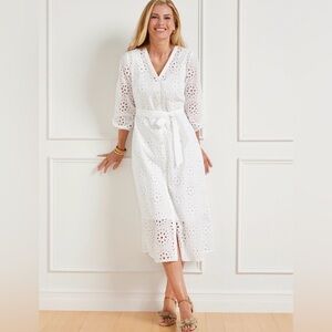 Talbots White Eyelet‎ Button Front Midi Dress Belted Shirt Dress Size 8-NWT
